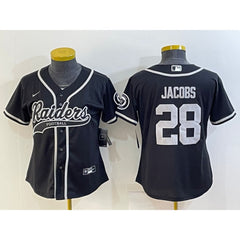 Women's Las Vegas Raiders #28 Josh Jacobs Black With Patch Cool Base Stitched Baseball Jersey(Run Small) 