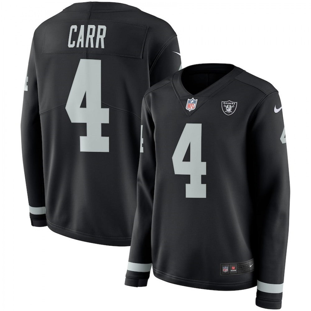 Women's Oakland Raiders #4 Derek Carr Black Therma Long Sleeve Stitched NFL Jersey 
