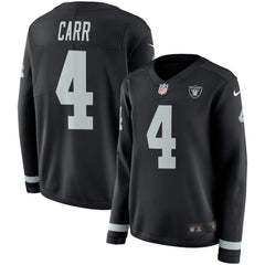 Women's Oakland Raiders #4 Derek Carr Black Therma Long Sleeve Stitched NFL Jersey 