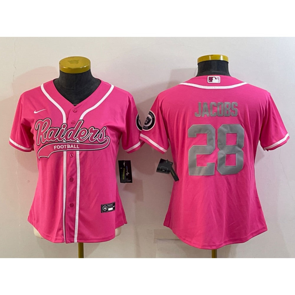 Women's Las Vegas Raiders #28 Josh Jacobs Pink Silver With Patch Cool Base Stitched Baseball Jersey(Run Small) 