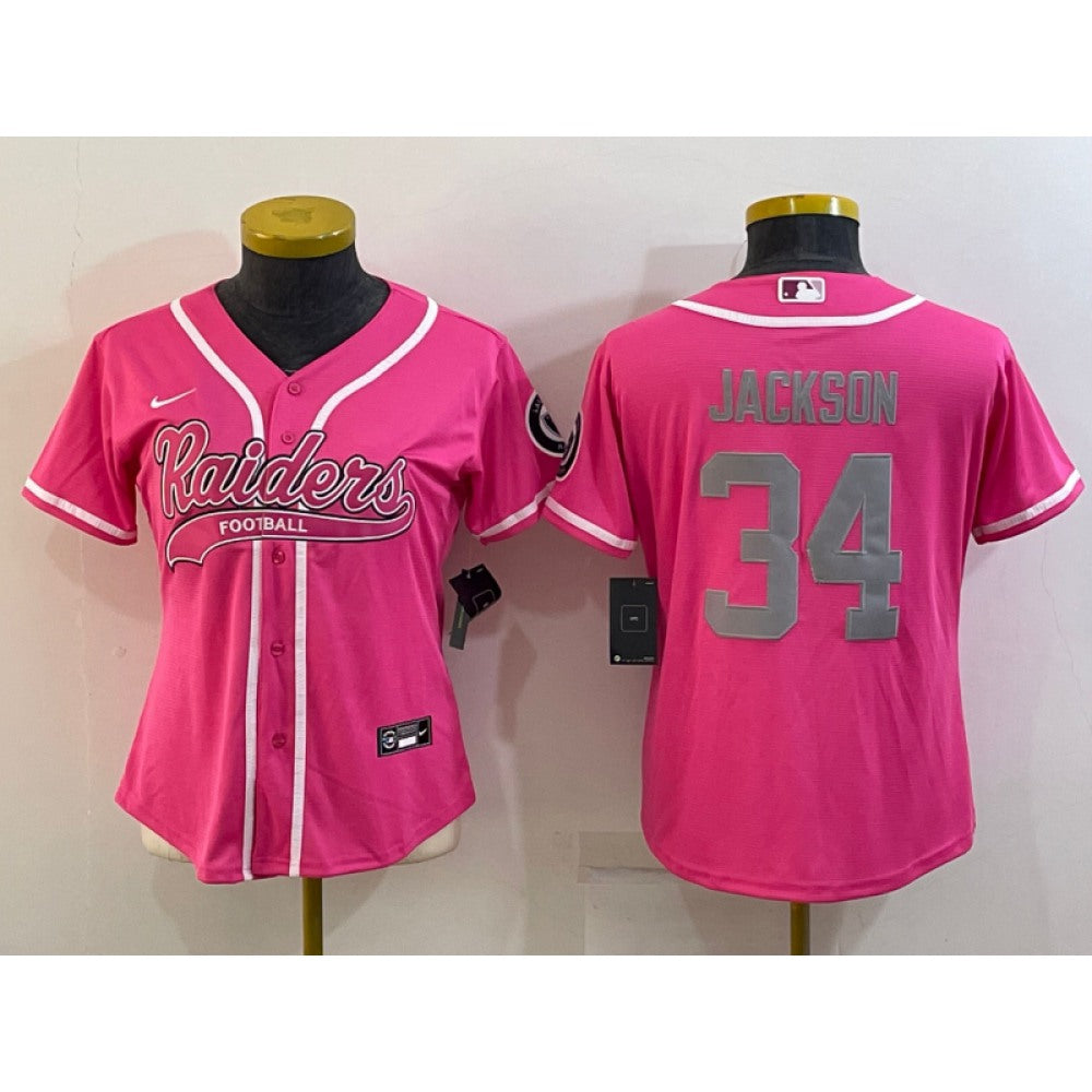 Women's Las Vegas Raiders #34 Bo Jackson Pink Silver With Patch Cool Base Stitched Baseball Jersey(Run Small) 