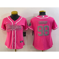 Women's Las Vegas Raiders #98 Maxx Crosby Pink Silver With Patch Cool Base Stitched Baseball Jersey(Run Small) 