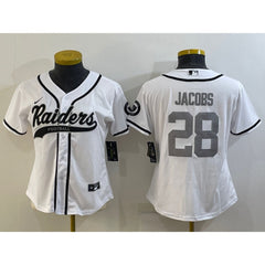 Women's Las Vegas Raiders #28 Josh Jacobs White Silver With Patch Cool Base Stitched Baseball Jersey(Run Small) 
