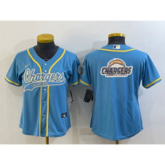Women's Los Angeles Chargers Blue Team Big Logo With Patch Cool Base Stitched Baseball Jersey(Run Small) 