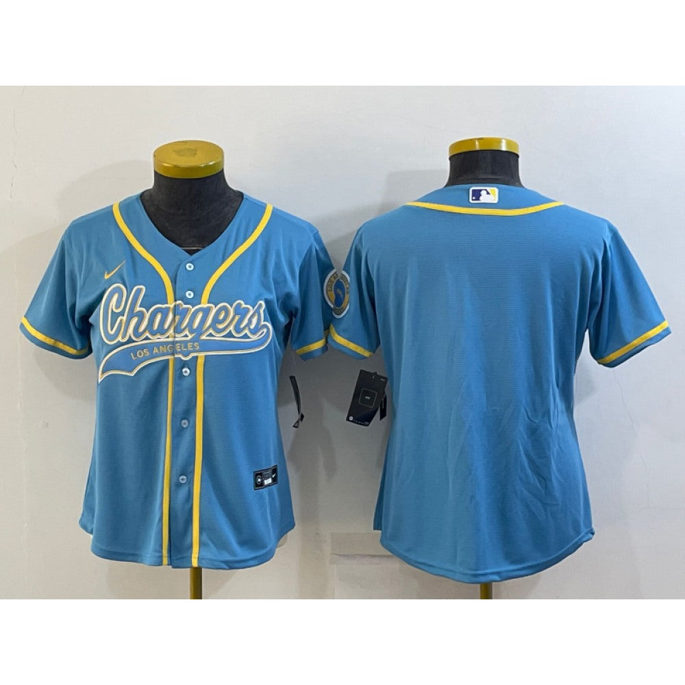 Women's Los Angeles Chargers Blank Blue With Patch Cool Base Stitched Baseball Jersey(Run Small) 