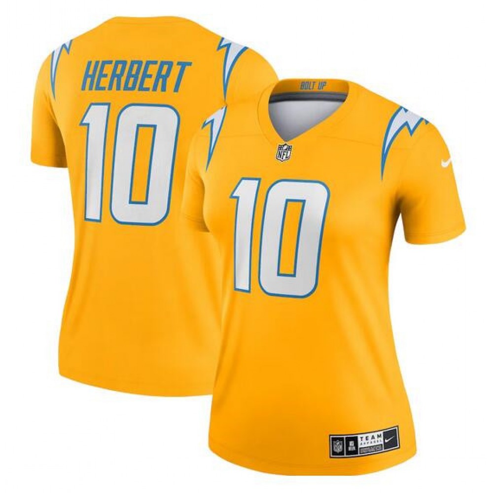 Women's Los Angeles Chargers #10 Justin Herbert Gold Stitched Football Jersey(Run Small) 