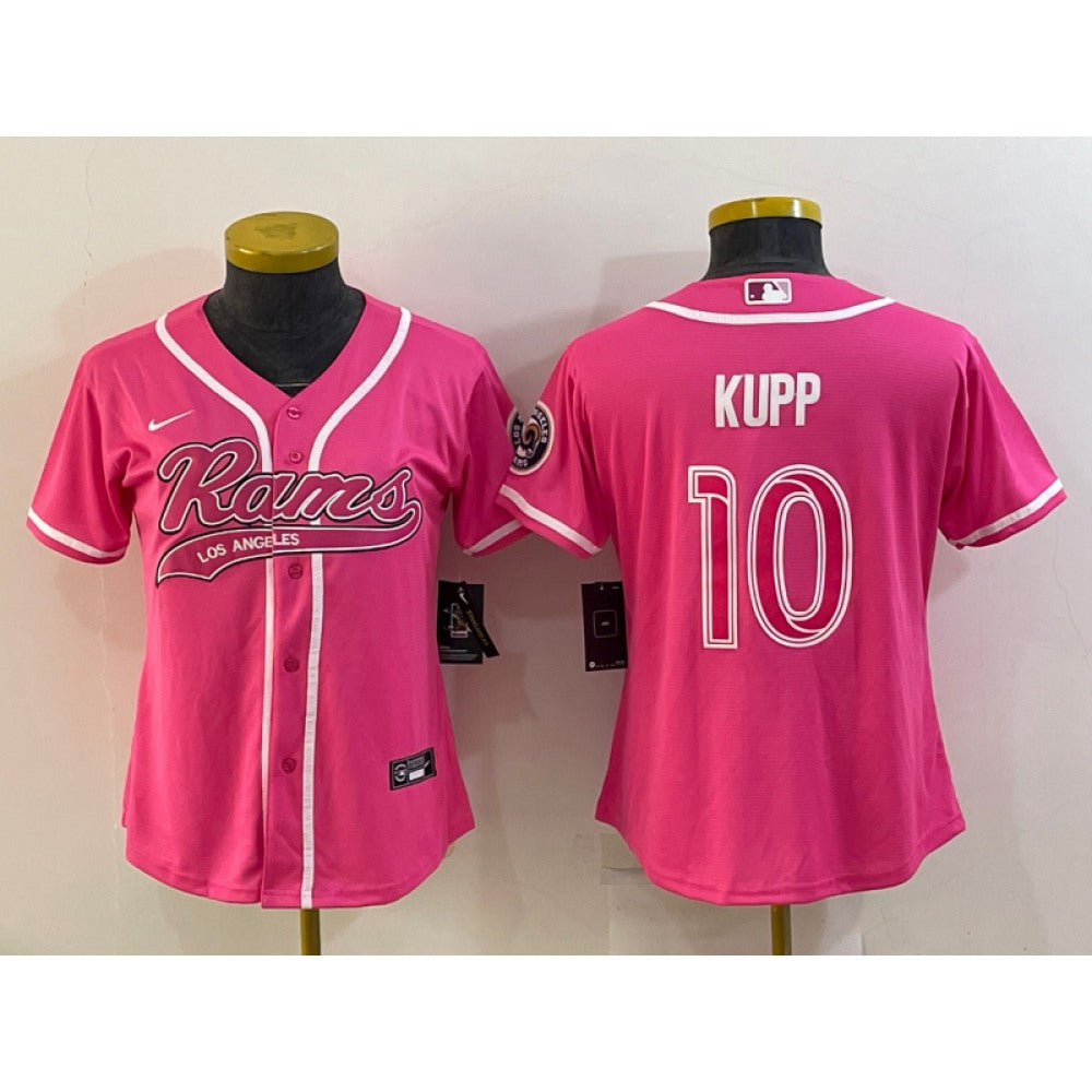 Women's Los Angeles Rams #10 Cooper Kupp Pink With Patch Cool Base Stitched Baseball Jersey(Run Small) 