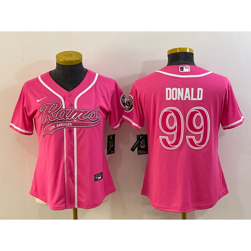 Women's Los Angeles Rams #99 Aaron Donald Pink With Patch Cool Base Stitched Baseball Jersey(Run Small) 