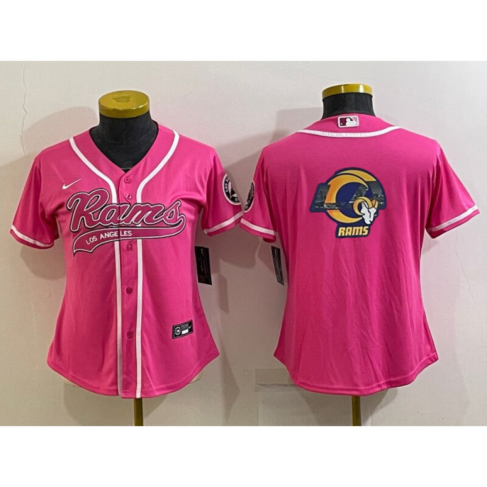Women's Los Angeles Rams Pink Team Big Logo With Patch Cool Base Stitched Baseball Jersey(Run Small) 