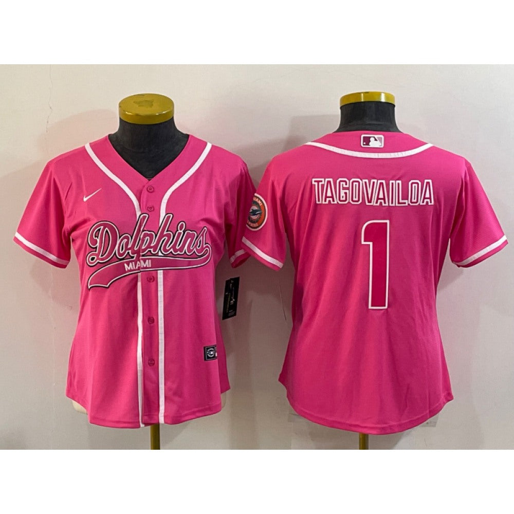 Women's Miami Dolphins #1 Tua Tagovailoa Pink With Patch Cool Base Stitched Baseball Jersey(Run Small) 