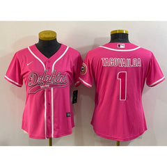 Women's Miami Dolphins #1 Tua Tagovailoa Pink With Patch Cool Base Stitched Baseball Jersey(Run Small) 