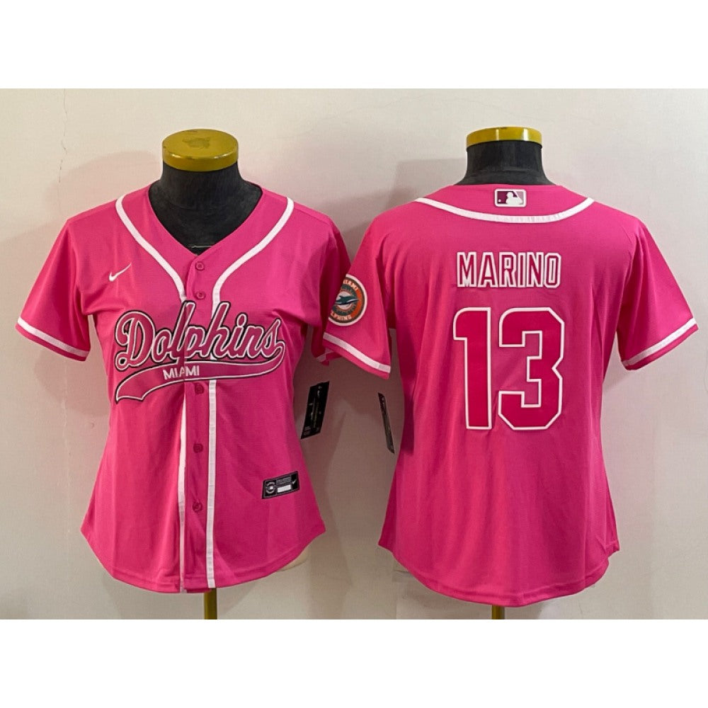 Women's Miami Dolphins #13 Dan Marino Pink With Patch Cool Base Stitched Baseball Jersey(Run Small) 