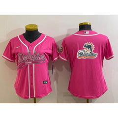 Women's Miami Dolphins Pink Team Big Logo With Patch Cool Base Stitched Baseball Jersey(Run Small) 