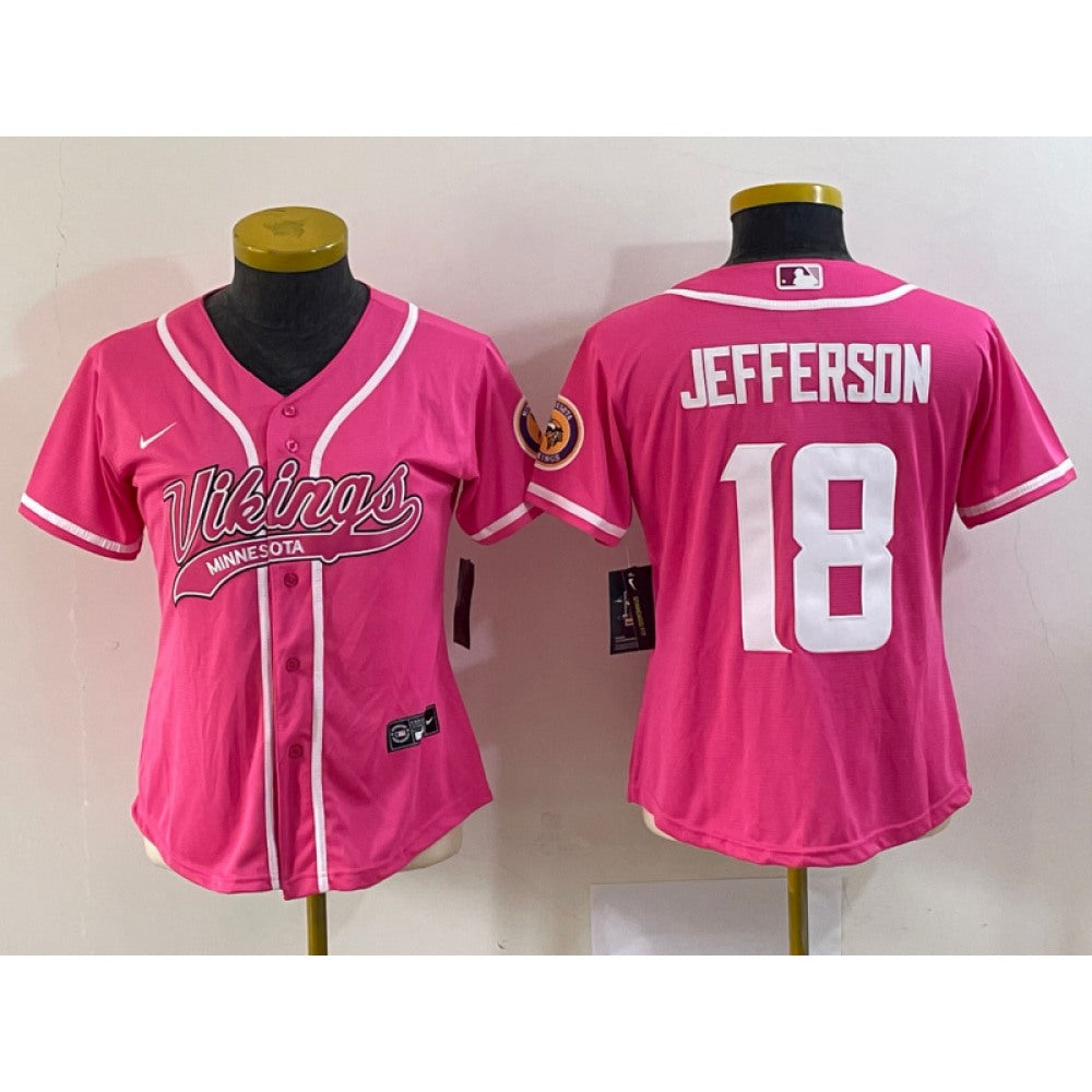 Women's Minnesota Vikings #18 Justin Jefferson Pink With Patch Cool Base Stitched Baseball Jersey(Run Small) 