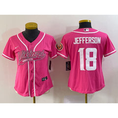 Women's Minnesota Vikings #18 Justin Jefferson Pink With Patch Cool Base Stitched Baseball Jersey(Run Small) 
