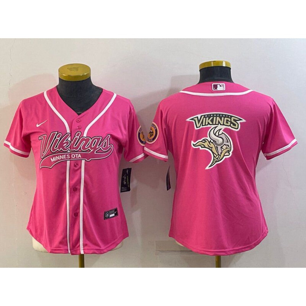 Women's Minnesota Vikings Pink Team Big Logo With Patch Cool Base Stitched Baseball Jersey(Run Small) 