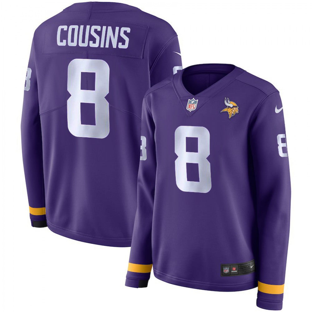 Women's Minnesota Vikings #8 Kirk Cousins Purple Therma Long Sleeve Stitched NFL Jersey 