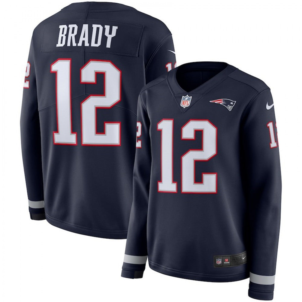 Women's New England Patriots #12 Tom Brady Navy Therma Long Sleeve Stitched NFL Jersey 