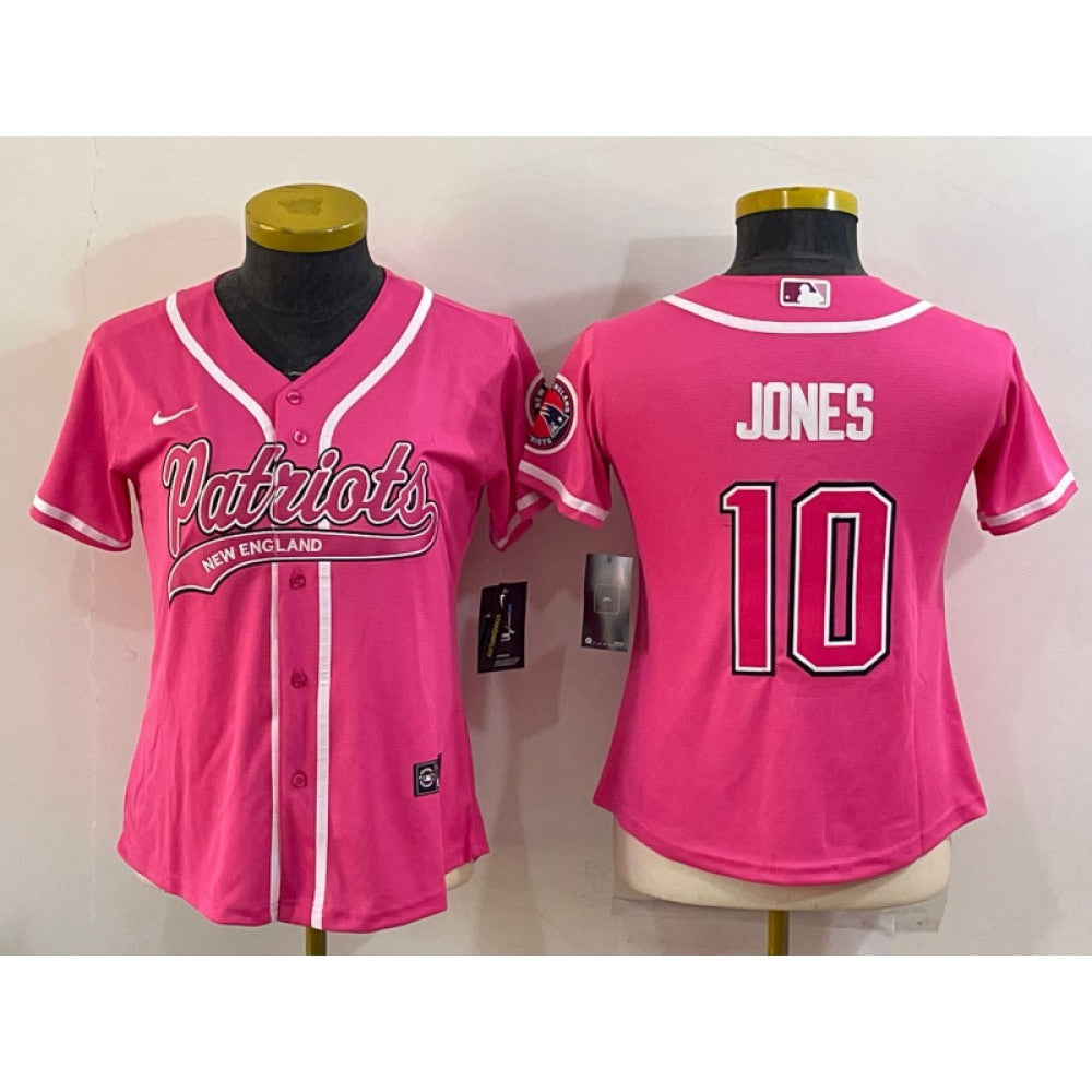 Women's New England Patriots #10 Mac Jones Pink With Patch Cool Base Stitched Baseball Jersey(Run Small) 