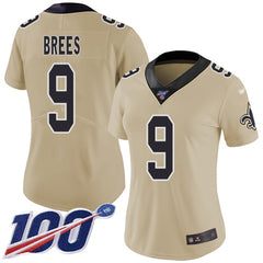 Women's New Orleans Saints #9 Drew Brees 2019 100th Season Gold Inverted Legend Stitched NFL Jersey(Run Small) 