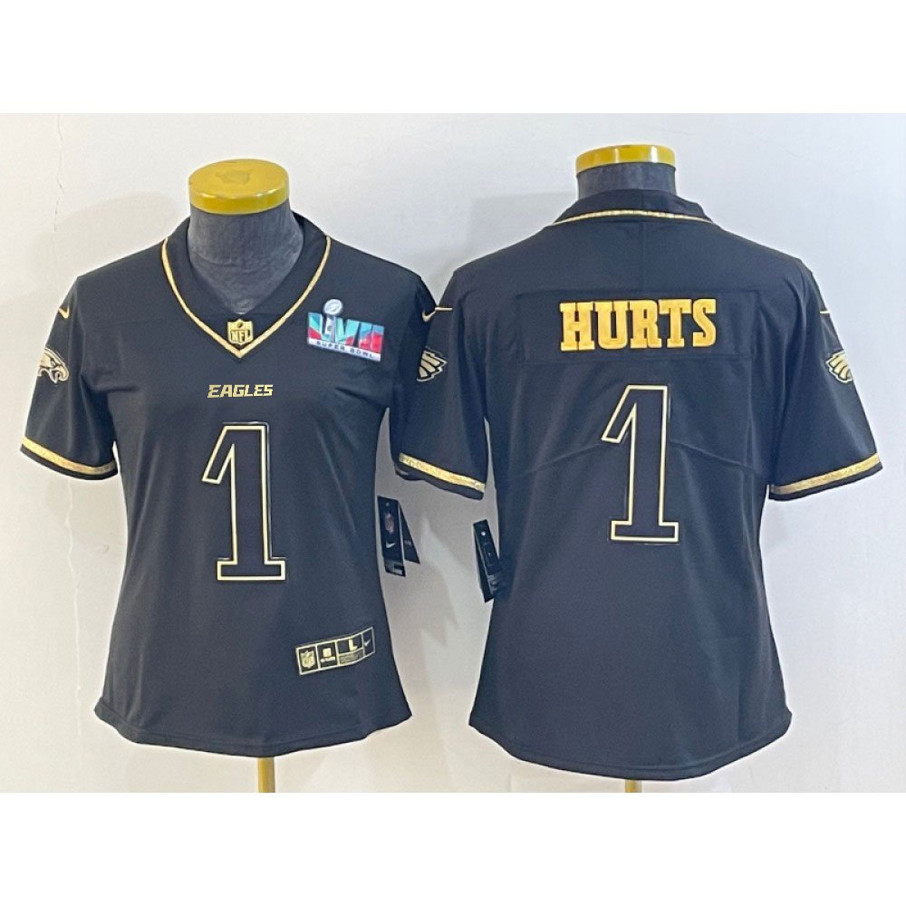 Women's Philadelphia Eagles #1 Jalen Hurts Black Golden Edition Super Bowl LVII Patch Stitched Football Jersey(Run Small) 
