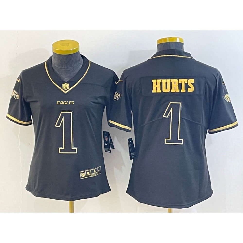 Women's Philadelphia Eagles #1 Jalen Hurts Black Golden Edition Stitched Football Jersey(Run Small) 