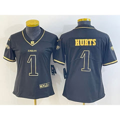 Women's Philadelphia Eagles #1 Jalen Hurts Black Golden Edition Stitched Football Jersey(Run Small) 
