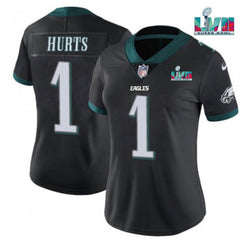 Women's Philadelphia Eagles #1 Jalen Hurts Black Super Bolw LVII Patch Vapor Untouchable Limited Stitched Football Jersey(Run Small) 