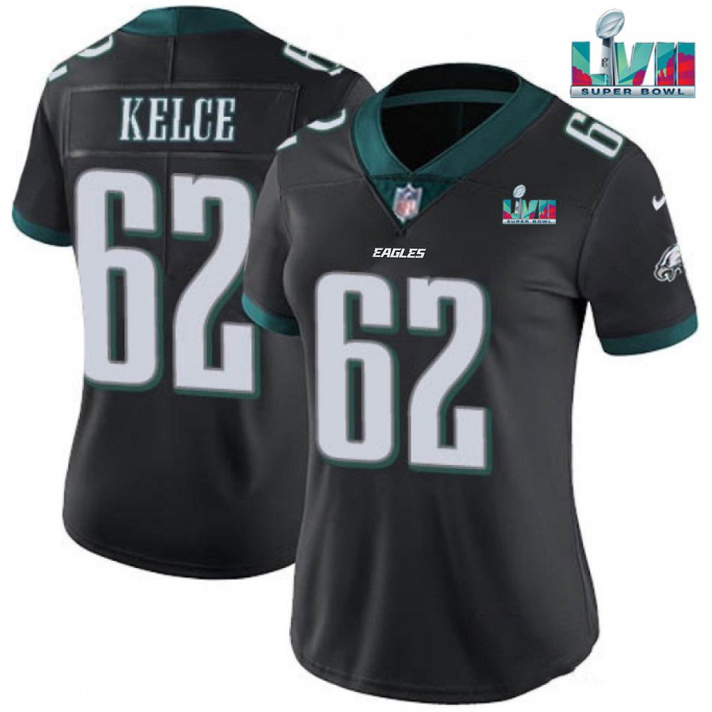 Women's Philadelphia Eagles #62 Jason Kelce Black Super Bowl LVII PatchVapor Untouchable Limited Stitched Football Jersey(Run Small) 