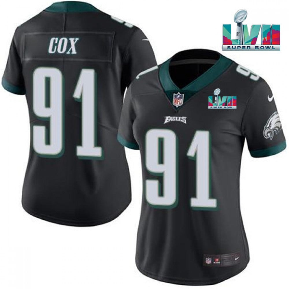 Women's Philadelphia Eagles #91 Fletcher Cox Black Super Bolw LVII Patch Vapor Untouchable Limited Stitched Football Jersey(Run Small) 