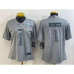Women's Philadelphia Eagles #1 Jalen Hurts Gray Super Bowl LVII Patch Atmosphere Fashion Stitched Jersey(Run Small) 