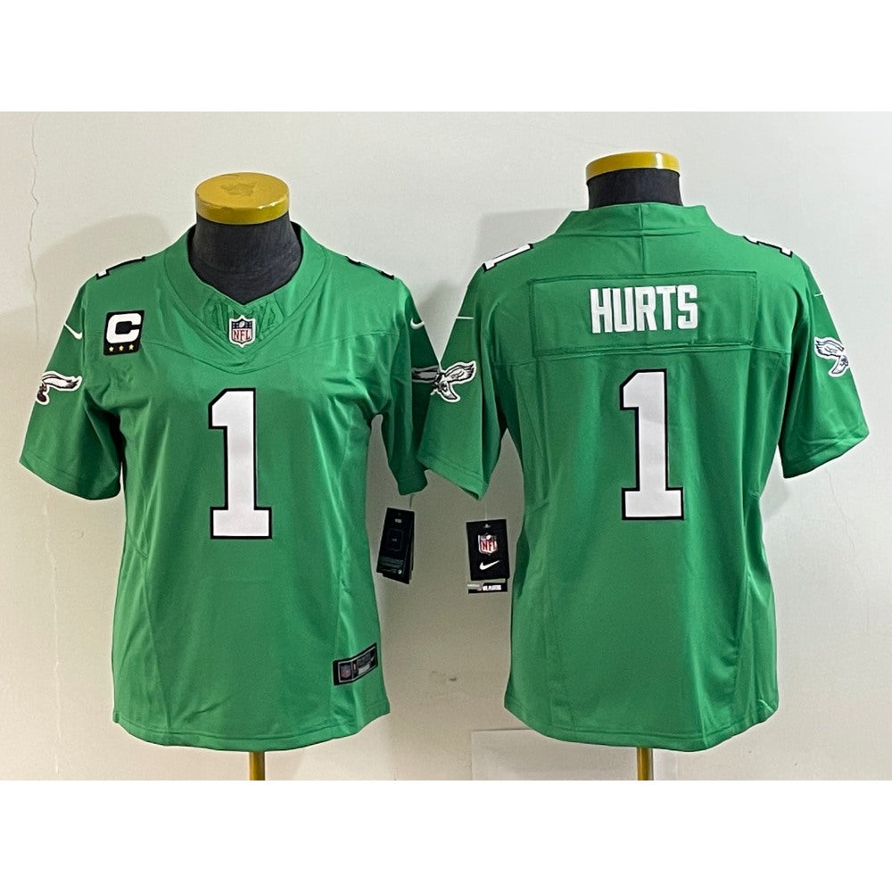 Women's Philadelphia Eagles #1 Jalen Hurts Green 2023 F.U.S.E. With C Patch Stitched Football Jersey(Run Small) 