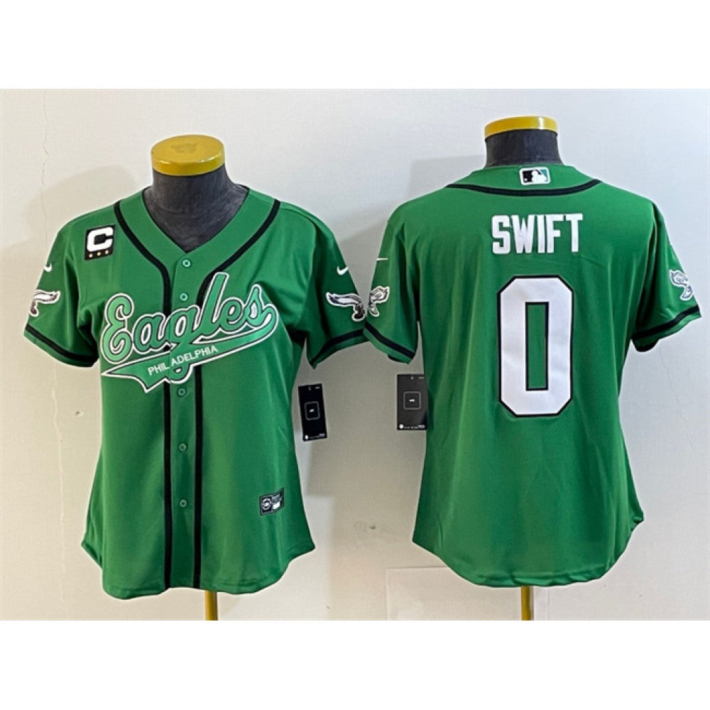 Women's Philadelphia Eagles #0 D'andre Swift Green With 3-Star C Patch Cool Base Stitched Baseball Jersey(Run Small) 
