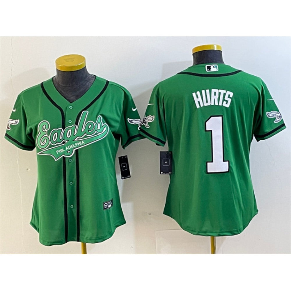 Women's Philadelphia Eagles #1 Jalen Hurts Green Cool Base Stitched Baseball Jersey(Run Small) 