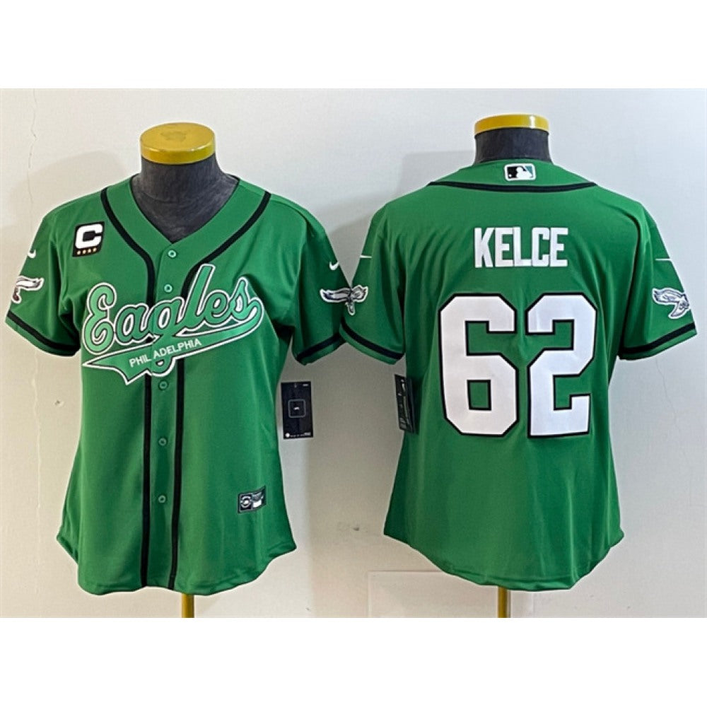 Women's Philadelphia Eagles #62 Jason Kelce Green With 4-Star C Patch Cool Base Stitched Baseball Jersey(Run Small) 