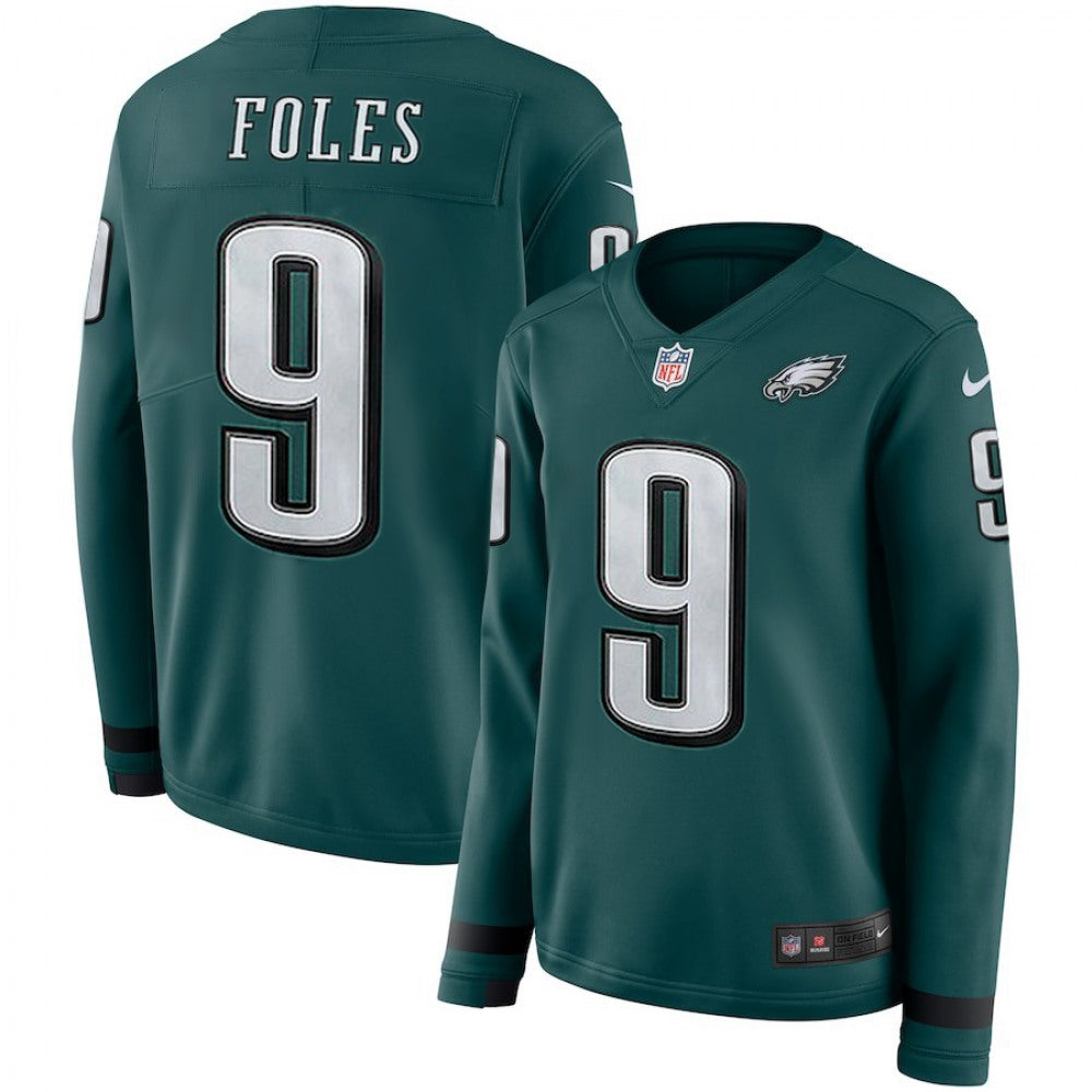 Women's Philadelphia Eagles #9 Nick Foles Green Therma Long Sleeve Stitched NFL Jersey 