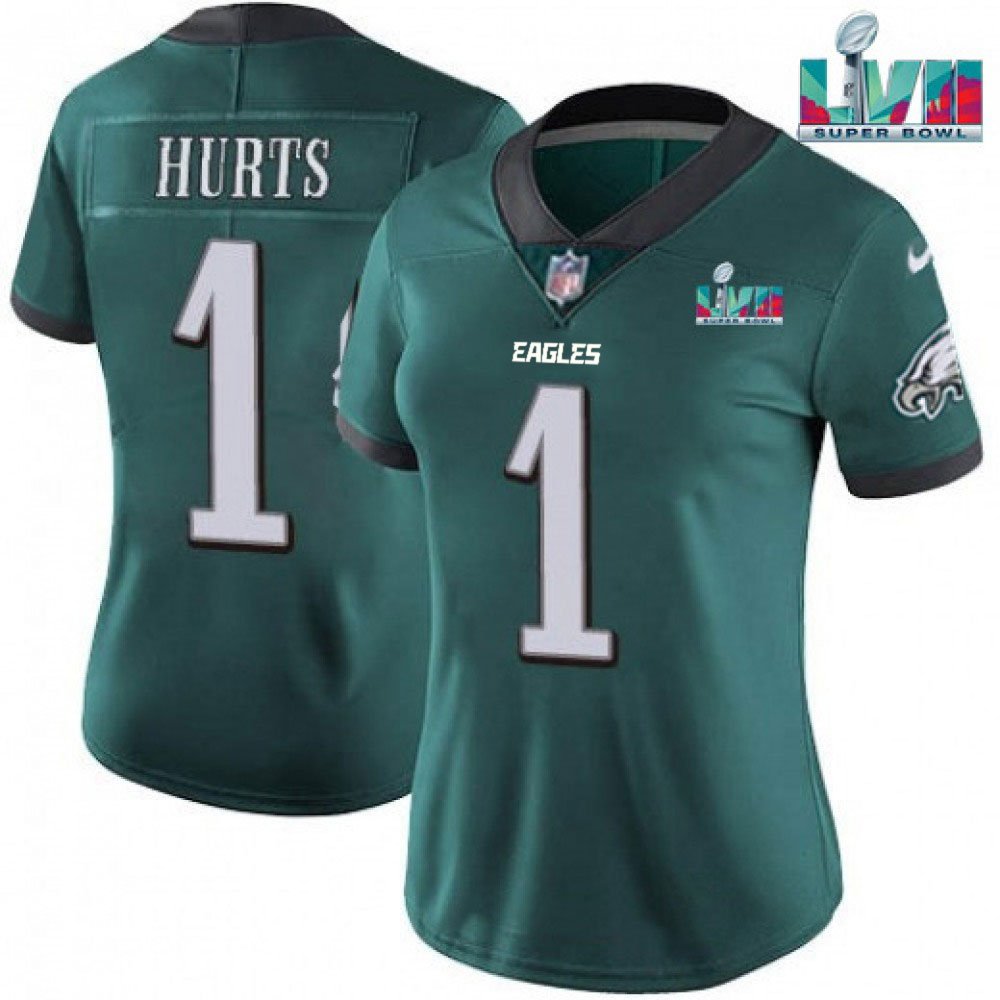 Women's Philadelphia Eagles #1 Jalen Hurts Green Super Bolw LVII Patch Vapor Untouchable Limited Stitched Football Jersey(Run Small) 
