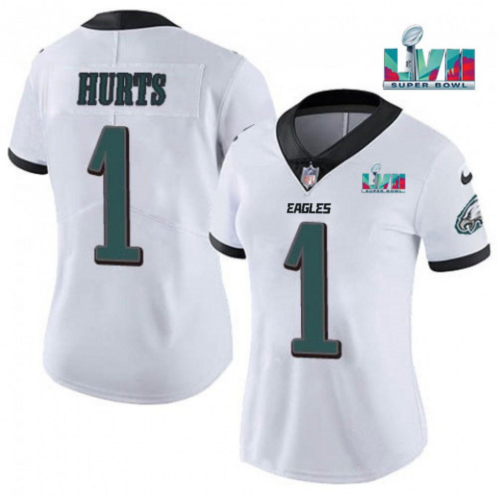 Women's Philadelphia Eagles #1 Jalen Hurts White Super Bolw LVII Patch Vapor Untouchable Limited Stitched Football Jersey(Run Small) 