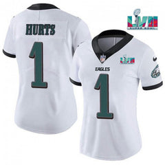 Women's Philadelphia Eagles #1 Jalen Hurts White Super Bolw LVII Patch Vapor Untouchable Limited Stitched Football Jersey(Run Small) 