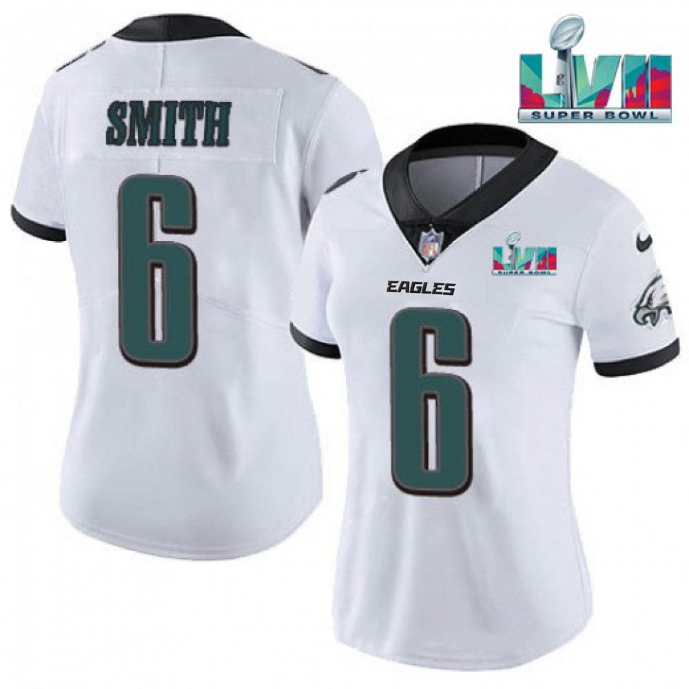 Women's Philadelphia Eagles #6 DeVonta Smith White Super Bolw LVII Patch Vapor Untouchable Limited Stitched Football Jersey(Run Small) 