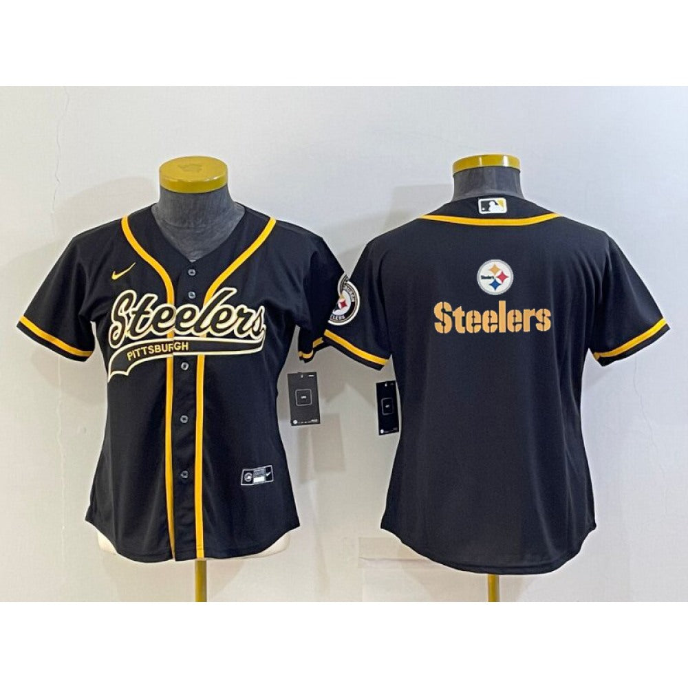 Women's Pittsburgh Steelers Black Team Big Logo With Patch Cool Base Stitched Baseball Jersey(Run Small) 