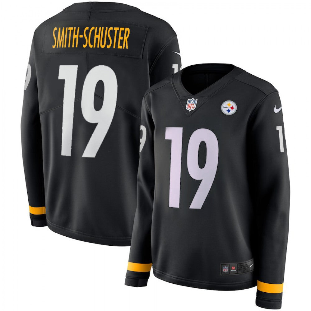 Women's Pittsburgh Steelers #19 JuJu Smith-Schuster Black Therma Long Sleeve Stitched NFL Jersey 