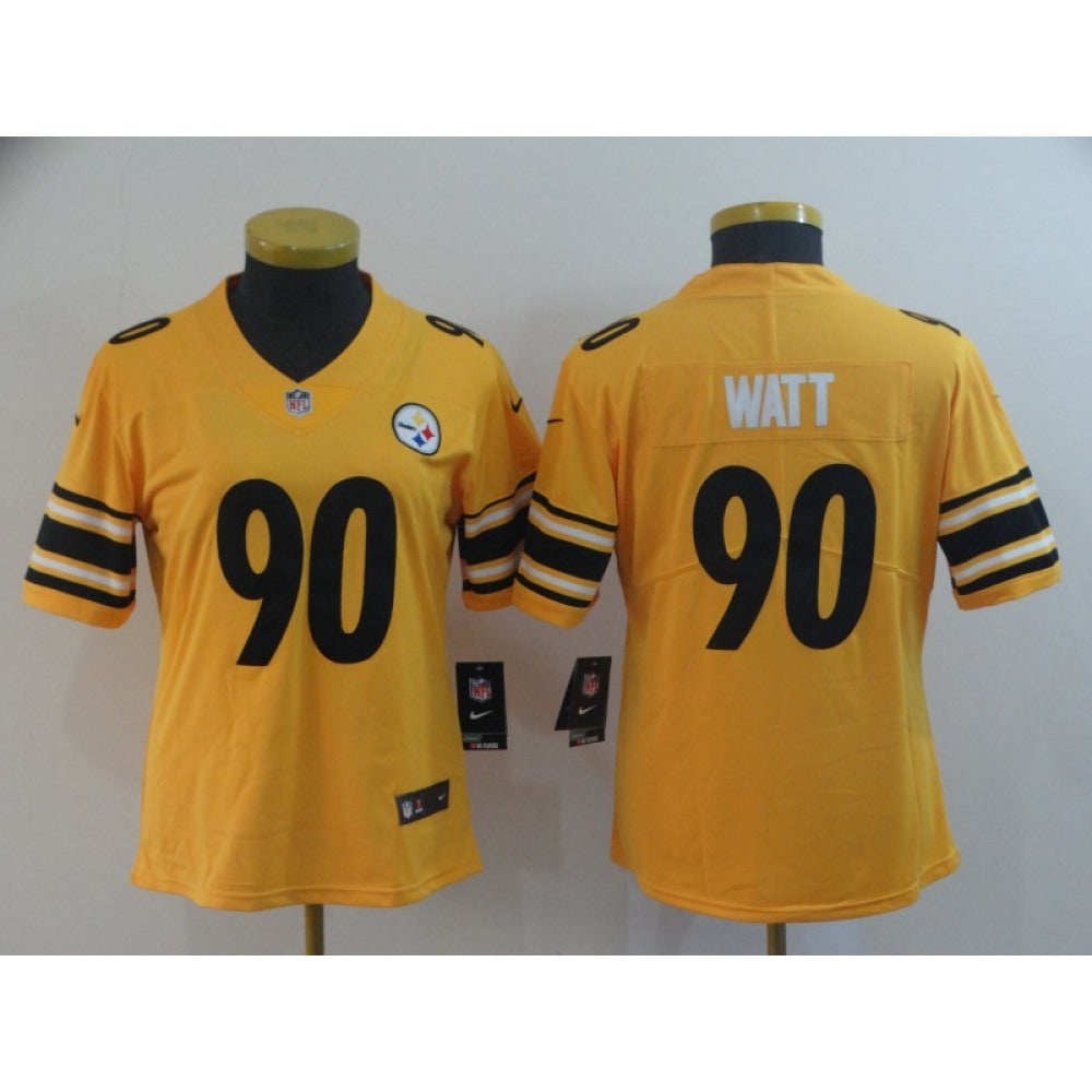 Women's Pittsburgh Steelers #90 T. J. Watt Gold Inverted Legend Stitched NFL Jersey(Run Small) 