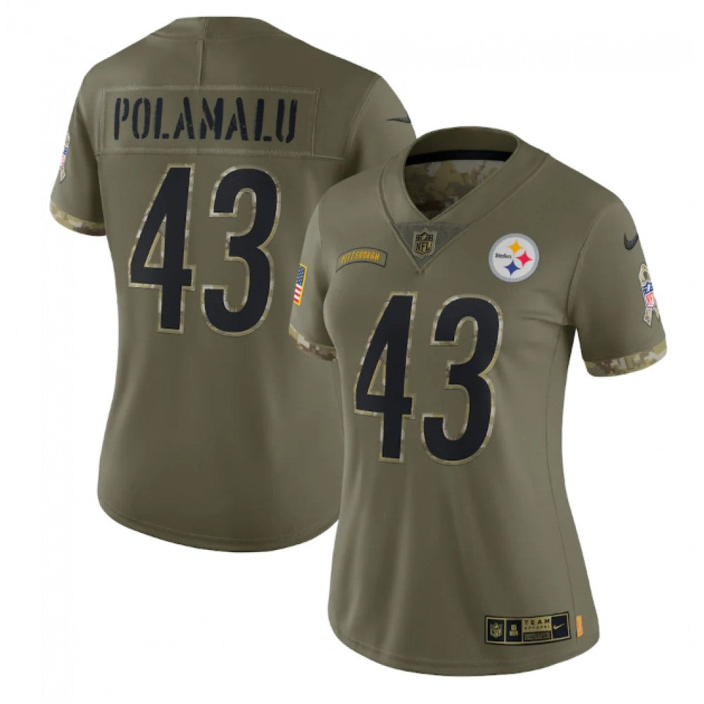 Women's Pittsburgh Steelers #43 Troy Polamalu Olive 2022 Salute To Service Limited Stitched Jersey(Run Small) 