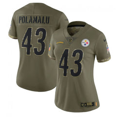 Women's Pittsburgh Steelers #43 Troy Polamalu Olive 2022 Salute To Service Limited Stitched Jersey(Run Small) 