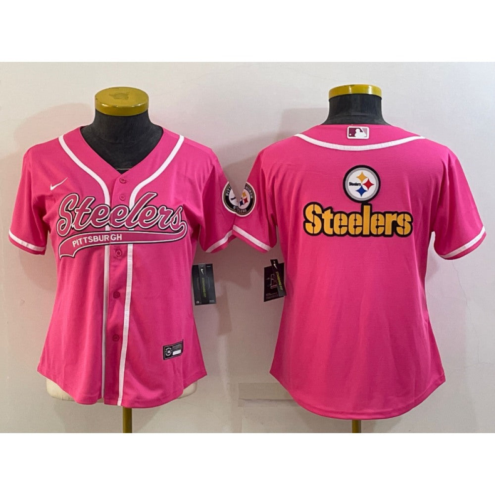 Women's Pittsburgh Steelers Pink Team Big Logo With Patch Cool Base Stitched Baseball Jersey(Run Small) 