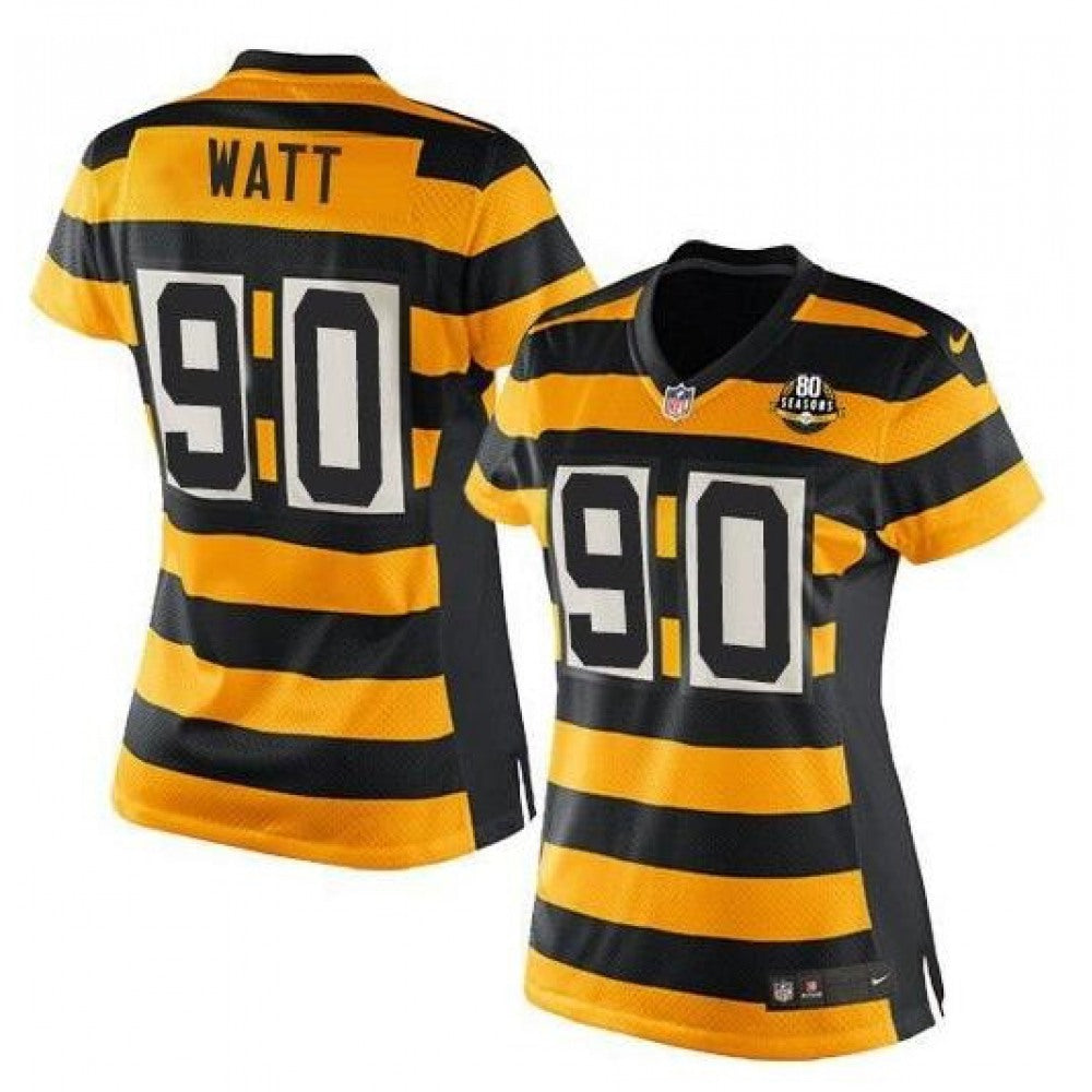 Women's Pittsburgh Steelers #90 T. J. Watt Yellow/Black Alternate 80TH Anniversary Throwback Stitched Jersey(Run Small) 