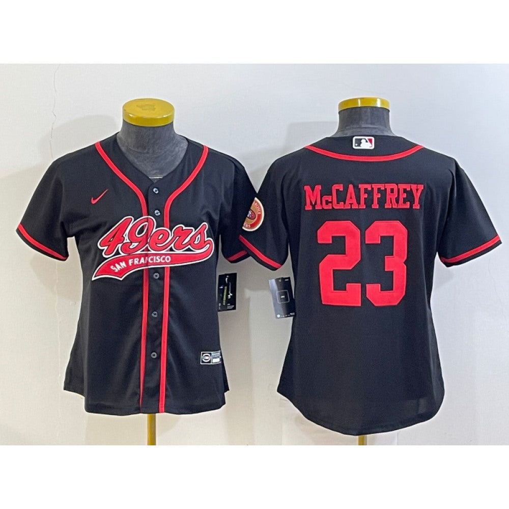 Women's San Francisco 49ers #23 Christian McCaffrey Black With Patch Cool Base Stitched Baseball Jersey(Run Small) 