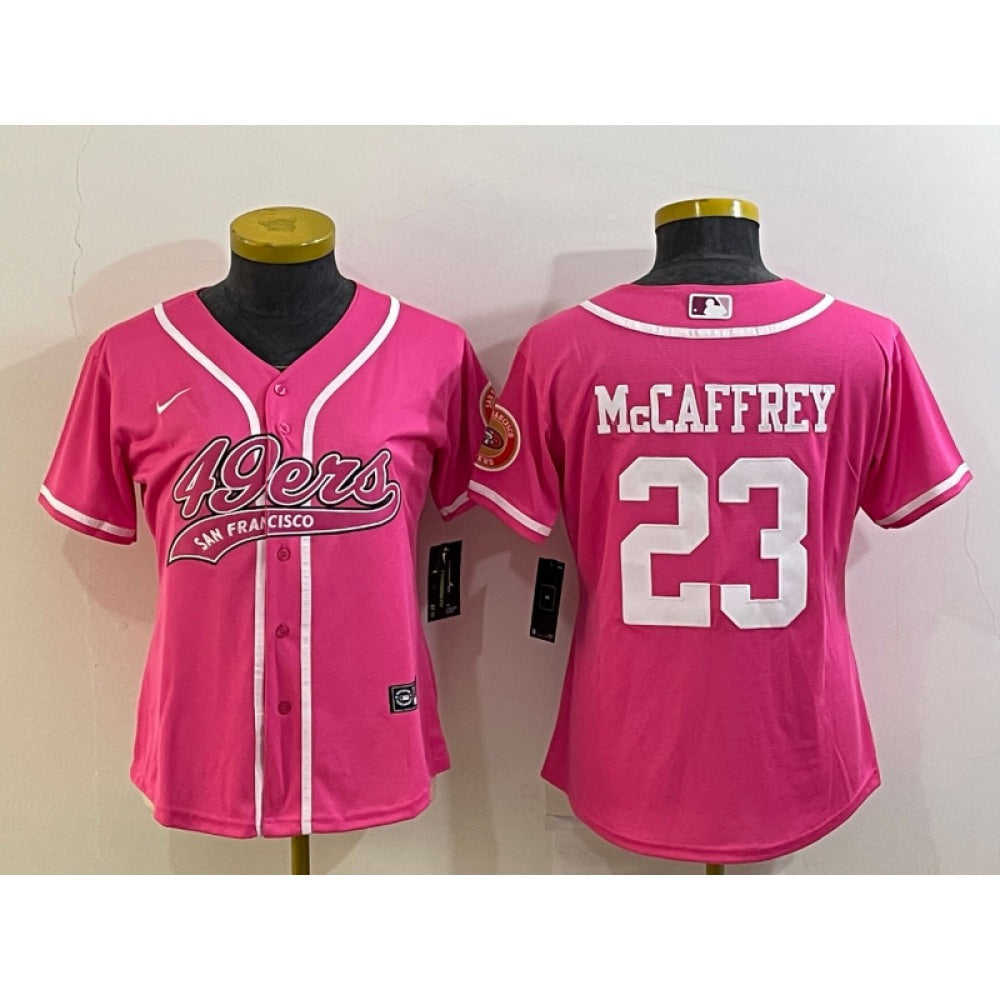 Women's San Francisco 49ers #23 Christian McCaffrey Pink With Patch Cool Base Stitched Baseball Jersey(Run Small) 