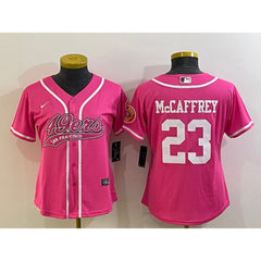 Women's San Francisco 49ers #23 Christian McCaffrey Pink With Patch Cool Base Stitched Baseball Jersey(Run Small) 